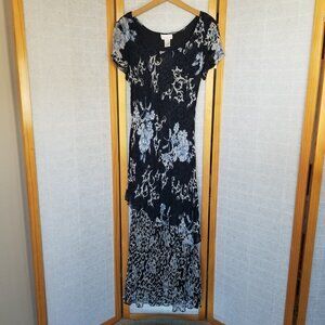 Vintage Chiffon Maxi Dress Layered Sheer Black Multi Floral Sequins Y2K Size 10